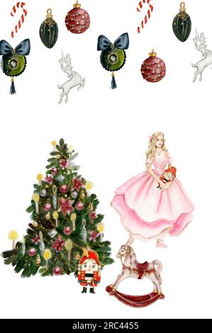 Ensemble d'éléments pour Noël. Jouets d'arbre, fille, casse-noix, arbre de nouvel an. Illustration dessinée à la main aquarelle. Vacances d'hiver. Banque D'Images