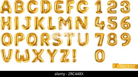 Ballons d'or, lettres de l'alphabet et chiffres. symboles réalistes vectoriels 3d. Ensemble de décorations festives Illustration de Vecteur
