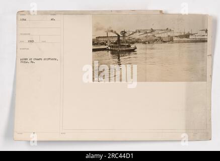 Scène de construction au chantier naval de Cramp à Philadelphie, Pennsylvanie pendant la première Guerre mondiale. La photographie, prise en 1919, montre une vue aérienne du chantier naval. Banque D'Images