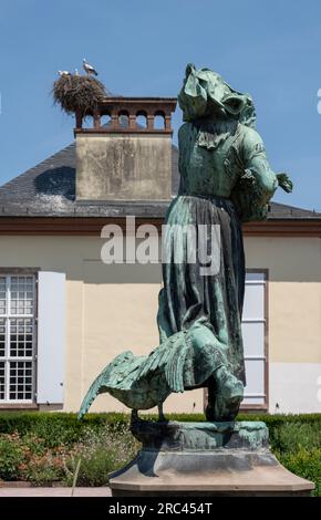 Parc de l'Orangerie : vue d'un nid avec de jeunes cigognes sur le toit au-dessus du pavillon Joséphine Banque D'Images