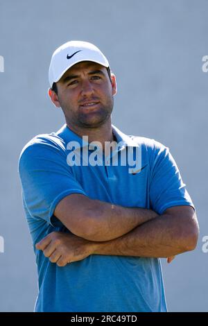 North Berwick, East Lothian, Écosse, Royaume-Uni. 12 juillet 2023. Scottie Scheffler au Genesis Scottish Open au Renaissance Club à North Berwick. Iain Masterton/Alamy Live News Banque D'Images