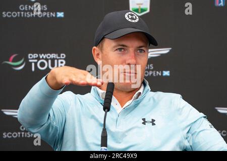 North Berwick, East Lothian, Écosse, Royaume-Uni. 12 juillet 2023. Jordan Spieth donne une interview de conférence de presse au Genesis Scottish Open au Renaissance Club à North Berwick. Iain Masterton/Alamy Live News Banque D'Images