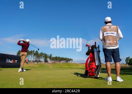 North Berwick, East Lothian, Écosse, Royaume-Uni. 12 juillet 2023. Rory McIlroy conduit au 4e tee au Genesis Scottish Open au Renaissance Club à North Berwick. Iain Masterton/Alamy Live News Banque D'Images