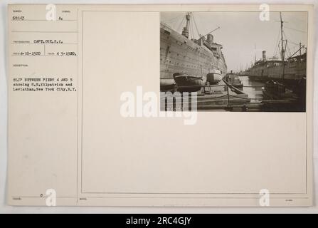 Image de la glissade entre les jetées 4 et 5 à New York, montrant le S.S. Kilpatrick et Leviathan. La photo a été prise le 4 mars 1920 et reçue le 10 avril 1920. Le photographe est le capitaine Cox, S.C. Cette image fait partie d'une collection de photographies illustrant les activités militaires américaines pendant la première Guerre mondiale. Banque D'Images