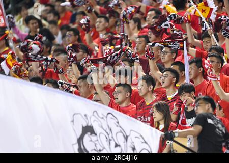 Changchun, province chinoise de Jilin. 12 juillet 2023. Les fans de Changchun Yatai applaudissent lors du match du 16e tour de la Super League de l'Association chinoise de football (CSL) de la saison 2023 entre Changchun Yatai et le Zhejiang FC, à Changchun, dans la province de Jilin, au nord-est de la Chine, le 12 juillet 2023. Crédit : Yan Linyun/Xinhua/Alamy Live News Banque D'Images