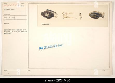 Cette photographie, prise le 7 septembre 1918 par le département de l'ordonnance, montre une grenade défensive à main. L'image capture une vue en coupe de la grenade et de son assemblage de bouchon. Il porte le numéro d'article 44837 et est marqué pour un usage officiel seulement. Banque D'Images