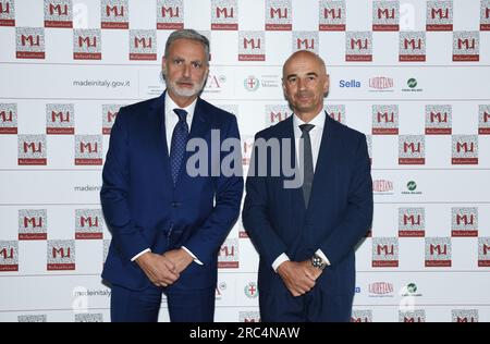 Milan, Italie. 11 juillet 2023. Milan, Italie Milano Unica 2024-2025 Conférence de présentation de l'exposition internationale textile et accessoires à la Fiera Milano Rho en photo : Alessandro Barberis Canonico Président de Milano Unica, Roberto Foresti - Directeur général adjoint Fiera Milano spa crédit : Independent photo Agency/Alamy Live News Banque D'Images
