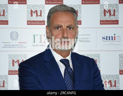 Milan, Italie. 11 juillet 2023. Milan, Italie Milano Unica 2024-2025L’exposition des textiles et accessoires Conférence de présentation à Fiera Milano Rho en photo : Roberto Foresti Directeur général adjoint Fiera Milano spa crédit : Independent photo Agency/Alamy Live News Banque D'Images