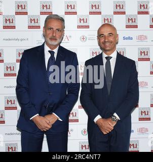 Milan, Italie. 11 juillet 2023. Milan, Italie Milano Unica 2024-2025 Conférence de présentation de l'exposition internationale textile et accessoires à la Fiera Milano Rho en photo : Alessandro Barberis Canonico Président de Milano Unica, Roberto Foresti - Directeur général adjoint Fiera Milano spa crédit : Independent photo Agency/Alamy Live News Banque D'Images