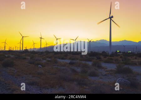 Découvrez la beauté sereine au coucher du soleil dans le parc éolien Garnet, North Palm Springs ; une harmonie tranquille entre les énergies renouvelables et la nature Banque D'Images