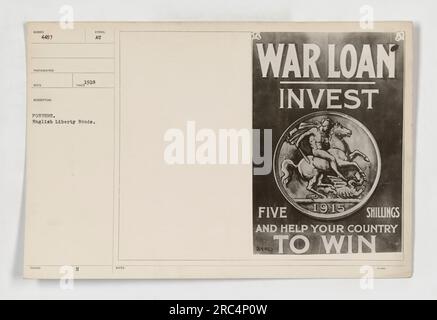 Un soldat américain distribue des affiches faisant la promotion des Liberty Bonds anglais pendant la première Guerre mondiale pour encourager les citoyens à investir leur argent dans l'effort de guerre. L'affiche souligne l'importance d'acheter des obligations de guerre, affirmant que cela équivaut à donner cinq shillings en 1915 et à aider le pays à gagner la guerre. Banque D'Images