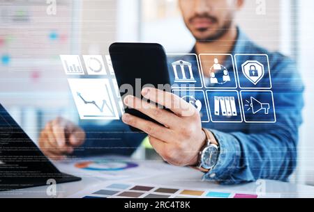 Mains, téléphone et interface holographique avec icône pour la conception Web, la transformation et la superposition pour l'interface utilisateur de l'application dans le bureau. Expert en programmation, smartphone et Banque D'Images