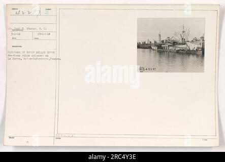 Soldats américains déchargeant des fournitures des navires au Havre, en France pendant la première Guerre mondiale. En arrière-plan, une vue panoramique du bassin Bellot peut être vue. La photo a été prise le 14 décembre 1918, sous la responsabilité du lieutenant Carl T. Thonor S. C. Banque D'Images