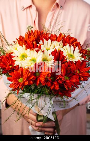 Bouquet de tournesols rouges et blancs frais placés enveloppés dans le journal et tenus par une personne anonyme à la lumière du jour Banque D'Images