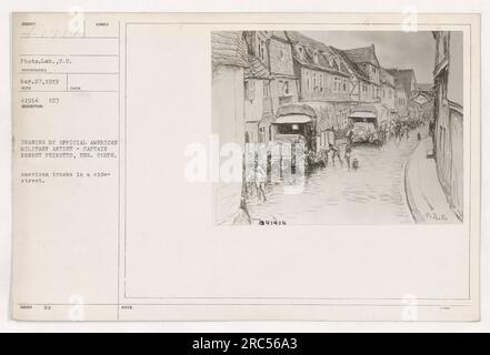 Camions militaires américains garés dans une rue latérale. La photographie a été prise par le capitaine Ernest Peixotto, un artiste militaire américain officiel, en 1919. Banque D'Images