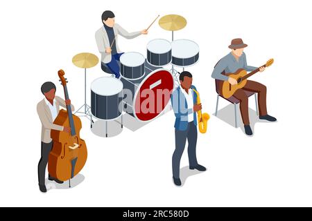 Concept de festival de jazz isométrique. Saxophone, contrebasse, Black Drum Kit, instrument de musique de guitare joué par saxophoniste musicien dans le fest. Illustration de Vecteur