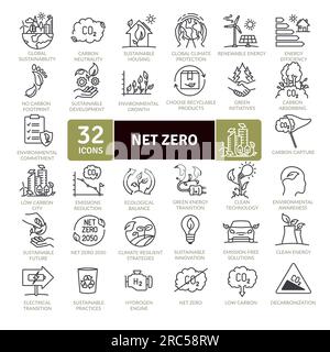 Net Zero et réduction des émissions par pack d'icônes de 2050. Collection d'icônes de lignes fines Illustration de Vecteur