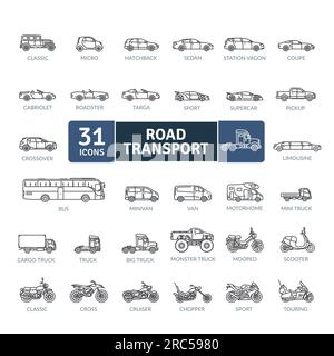 Pack d'icônes de véhicules routiers. Jeu d'icônes de ligne fine. Icônes vectorielles simples Illustration de Vecteur