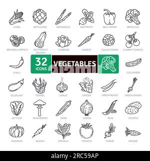 Icônes de légumes frais et juteux. Collection d'icônes de ligne définie. Icônes vectorielles simples Illustration de Vecteur