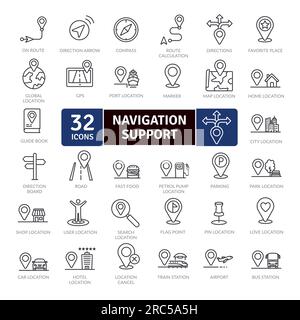 Pack d'icônes de prise en charge de la navigation terrestre. Collection d'icônes de lignes fines qui prennent en charge la navigation numérique Illustration de Vecteur