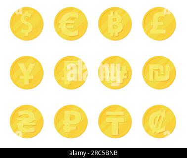 Pièces de monnaie en or. Pays et crypto jeu de pièces d'or, 3d bitcoin euro dollar rouble yuan illustration vectorielle jaune finance, argent mondial différent i Illustration de Vecteur