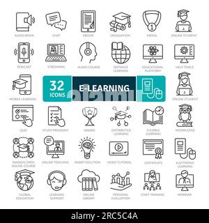 Pack d'icônes d'apprentissage électronique. Jeu d'icônes de ligne fine. Ensemble de collecte pour l'apprentissage à distance. Icônes vectorielles simples Illustration de Vecteur