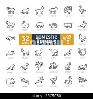 Pack d'icônes pour animaux domestiques. Jeu d'icônes d'animaux de ligne fine. Icônes vectorielles simples Illustration de Vecteur