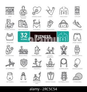 Pack d'icônes de fitness et de bien-être. Collection d'icônes de ligne fine. Jeu d'icônes Web de contour Illustration de Vecteur