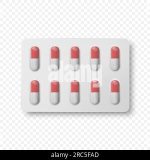 Vector Realistic Pharmaceutical Medical pilules blanches et rouges, vitamines, Capsule dans Blister Closeup isolé. Pilules dans le modèle de conception d'emballage blister Illustration de Vecteur
