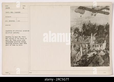 Soldats américains et artillerie en action pendant la première Guerre mondiale. La photographie capture l'activité animée dans la vallée de la Marne au Mont St. Pere dans le cadre de l'avance américaine. Prise par le capitaine George Harding et présentant des dessins d'artistes militaires américains officiels. Banque D'Images