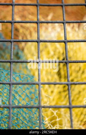 Vue abstraite des filets de pêche colorés à travers la clôture dans le village de pêcheurs pittoresque sur Martha's Vineyard Banque D'Images