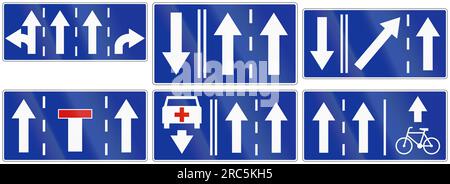 Collection de panneaux de signalisation polonais donnant des informations sur l'utilisation des voies de circulation. Banque D'Images