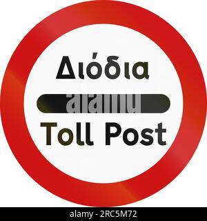 Passage sans arrêt panneau routier interdit avec les mots Toll Post en grec et en anglais. Banque D'Images