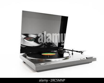 Rendu 3D de vieux tourne-disque avec disque vinyle sur blanc Banque D'Images