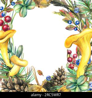 Champignons chanterelles comestibles de la forêt avec canneberges, bleuets, cônes, brindilles et mousse. Illustration à l'aquarelle, dessinée à la main. Cadre sur blanc Banque D'Images
