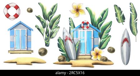 Une maison de plage en bois, une cabane sur une île tropicale avec des palmiers, une planche de surf avec des noix de coco. Illustration à l'aquarelle dessinée à la main. Définir isolé Banque D'Images