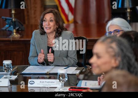 Washington, DC, États-Unis. 12 juillet 2023. La vice-présidente Kamala Harris prononce une allocution devant les responsables de la protection des consommateurs, du travail et des droits civiques lors d’une réunion pour discuter des risques liés à l’intelligence artificielle dans le bureau cérémonial de Vice Presidents sur le campus de la Maison Blanche à Washington, DC, États-Unis, le 12 juillet 2023. Crédit : Shawn Thew/Pool via CNP/dpa/Alamy Live News Banque D'Images