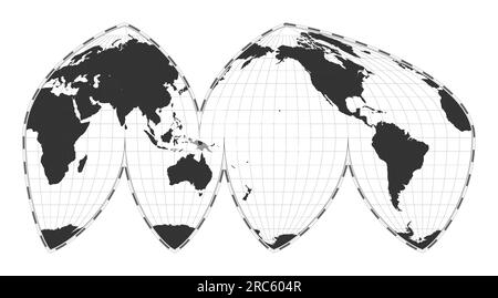 Carte du monde vectorielle. La projection eumorphique interrompue de Bogg. Carte géographique du monde simple avec des lignes de latitude et de longitude. Centré à 180 degrés longitud Illustration de Vecteur