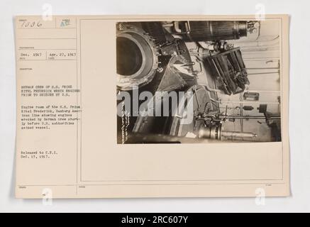 Navire allemand endommagé - l'image montre la salle des machines du S.S. Prinz Eitel Frederich, anciennement connu sous le nom d'Ostewgo. Il révèle un corps de valve cassé et une tige de piston entaillée, causés par les actions de l'équipage allemand peu avant que les autorités américaines ne saisissent le navire. La photographie a été communiquée à C.P.I. le 13 décembre 1917. Banque D'Images