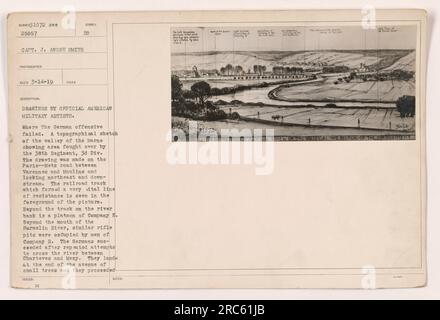 Croquis topographique de la vallée de la Marne, montrant la zone combattue par le 38e Régiment, 3e Division. Le croquis, réalisé par un artiste militaire américain officiel, capture une vue de la route Paris-Metz entre Varennes et Moulins, vers le nord-est et vers l'aval. Une voie ferrée, servant de ligne de défense cruciale, peut être vue au premier plan, avec la compagnie E stationnée sur la rive du fleuve et la compagnie H occupant des puits de fusils près de la rivière Surmelin. L'image représente l'offensive allemande ratée entre Charteves et Mezy. Banque D'Images