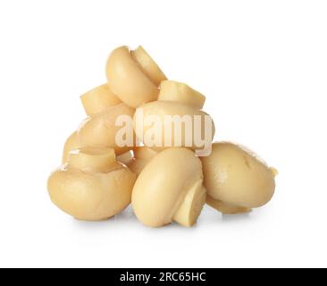 Tas de champignons en conserve savoureux sur fond blanc Banque D'Images