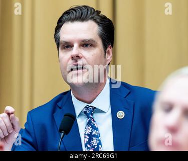 Washington, États-Unis. 12 juillet 2023. ÉTATS-UNIS Le représentant Matt Gaetz (R-FL), prenant la parole lors d'une audience du Comité judiciaire de la Chambre au Capitole des États-Unis. Crédit : SOPA Images Limited/Alamy Live News Banque D'Images