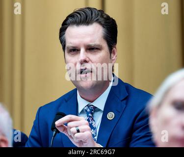 Washington, États-Unis. 12 juillet 2023. ÉTATS-UNIS Le représentant Matt Gaetz (R-FL), prenant la parole lors d'une audience du Comité judiciaire de la Chambre au Capitole des États-Unis. Crédit : SOPA Images Limited/Alamy Live News Banque D'Images