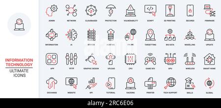 Symboles de base de données informatique de système de réseau Internet, protection d'analyse de données volumineuses, téléchargement d'échange, centre de support. Technologies de l'information icônes de ligne fine rouge noir tendance définir illustration vectorielle. Illustration de Vecteur