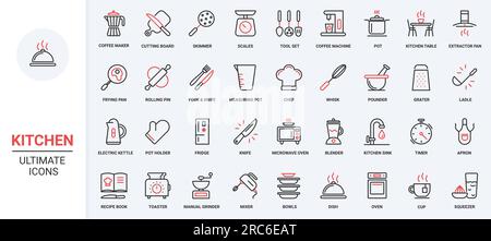 Machine à café et hotte, symboles du restaurant ou des outils d'équipement à la maison pour la cuisson, balances micro-ondes, tablier de chefs et livre de recettes. Icônes de ligne mince rouge noir tendance de cuisine set illustration vectorielle. Illustration de Vecteur