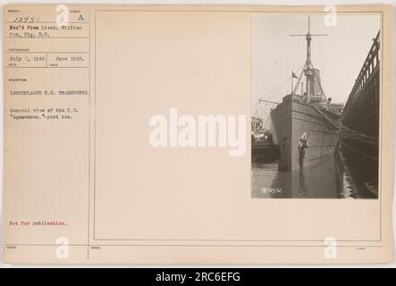 Vue générale du S.S. 'Agamemnon' montrant sa proue bâbord. Cette photographie, prise en juin 1918, montre les transports américains camouflés. La photo a été reçue du lieutenant William Pox du signal corps et est étiquetée comme n'étant pas destinée à la publication. Banque D'Images