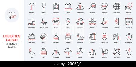 Camion, navire pour l'expédition rapide de colis de fret, chariot élévateur de grue, bouclier de parapluie. Service d'assistance à la livraison dans le monde entier, logistique et transport icônes de ligne fine rouge noir tendance définir illustration vectorielle. Illustration de Vecteur
