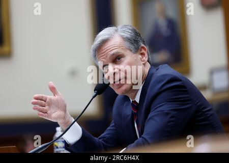 Washington, États-Unis. 12 juillet 2023. ÉTATS-UNIS Le directeur du FBI Christopher Wray témoigne lors d'une audience devant le Comité judiciaire de la Chambre des représentants du Federal Bureau of Investigation à Washington, DC, aux États-Unis, le 12 juillet 2023. Crédit : Ting Shen/Xinhua/Alamy Live News Banque D'Images