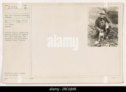 H16134 Combres Meuse, France - le capitaine John B. Luckie, commandant de la compagnie 'G' 313th Infantry, est photographié avec leur mascotte. La photo a été prise par le photographe Sgt. 1st Cl. Morris Fineberg le 23 octobre 1918. Émis et adopté par le censeur de l'A.E.P., date non fournie. Banque D'Images