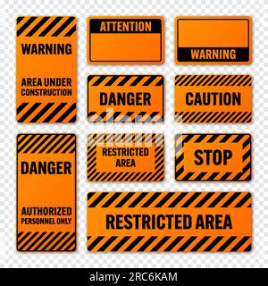 Divers panneaux d'avertissement noirs et orange avec lignes diagonales. Panneau attention, danger ou attention, signalisation du chantier. Panneau de signalisation réaliste Illustration de Vecteur